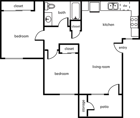 Floor plan for 2 beds, 1 bath, 806 sqft